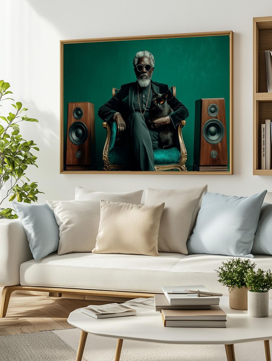 Regal Man with Black Cat Photography Poster. — room view 2