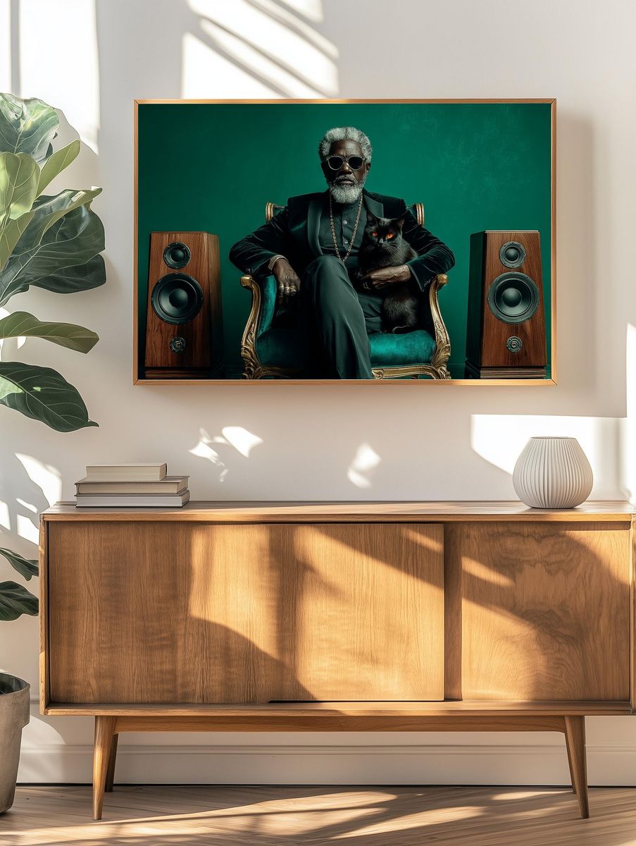 Regal Man with Black Cat Photography Poster. — room view 3