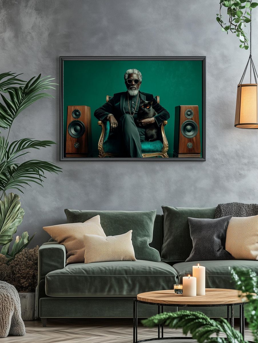 Regal Man with Black Cat Photography Poster. — room view 4
