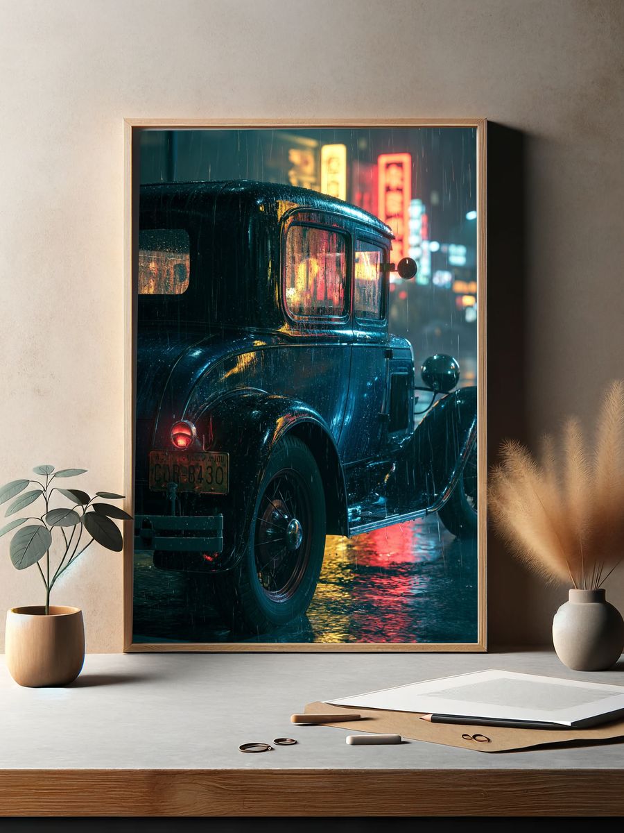 Rainy Vintage Car Noir Poster. — room view 2