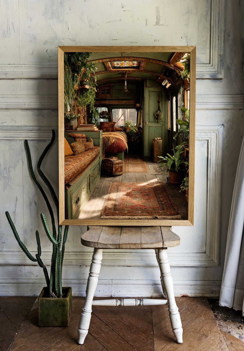 Boho Green Caravan Interior Print. room preview