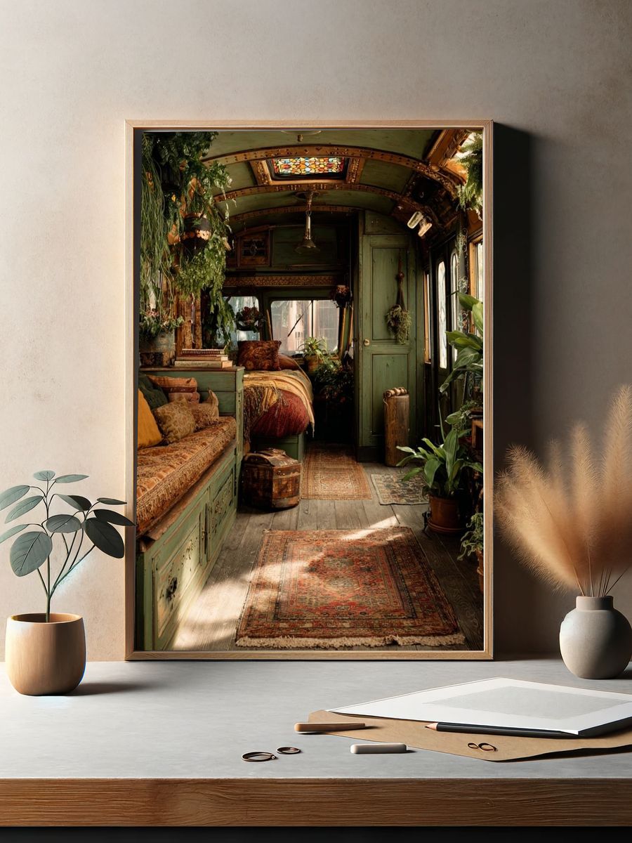 Boho Green Caravan Interior Print. — room view 2