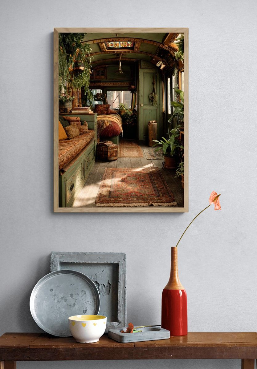 Boho Green Caravan Interior Print. — room view 3