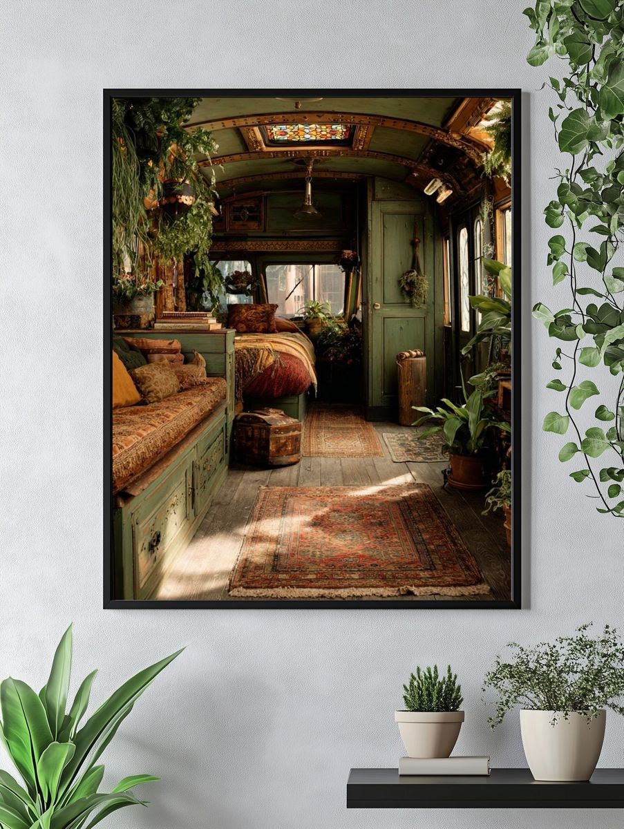 Boho Green Caravan Interior Print. — room view 4