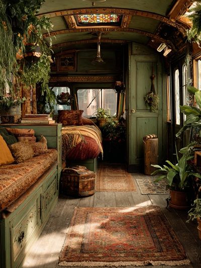 Boho Green Caravan Interior Print. poster