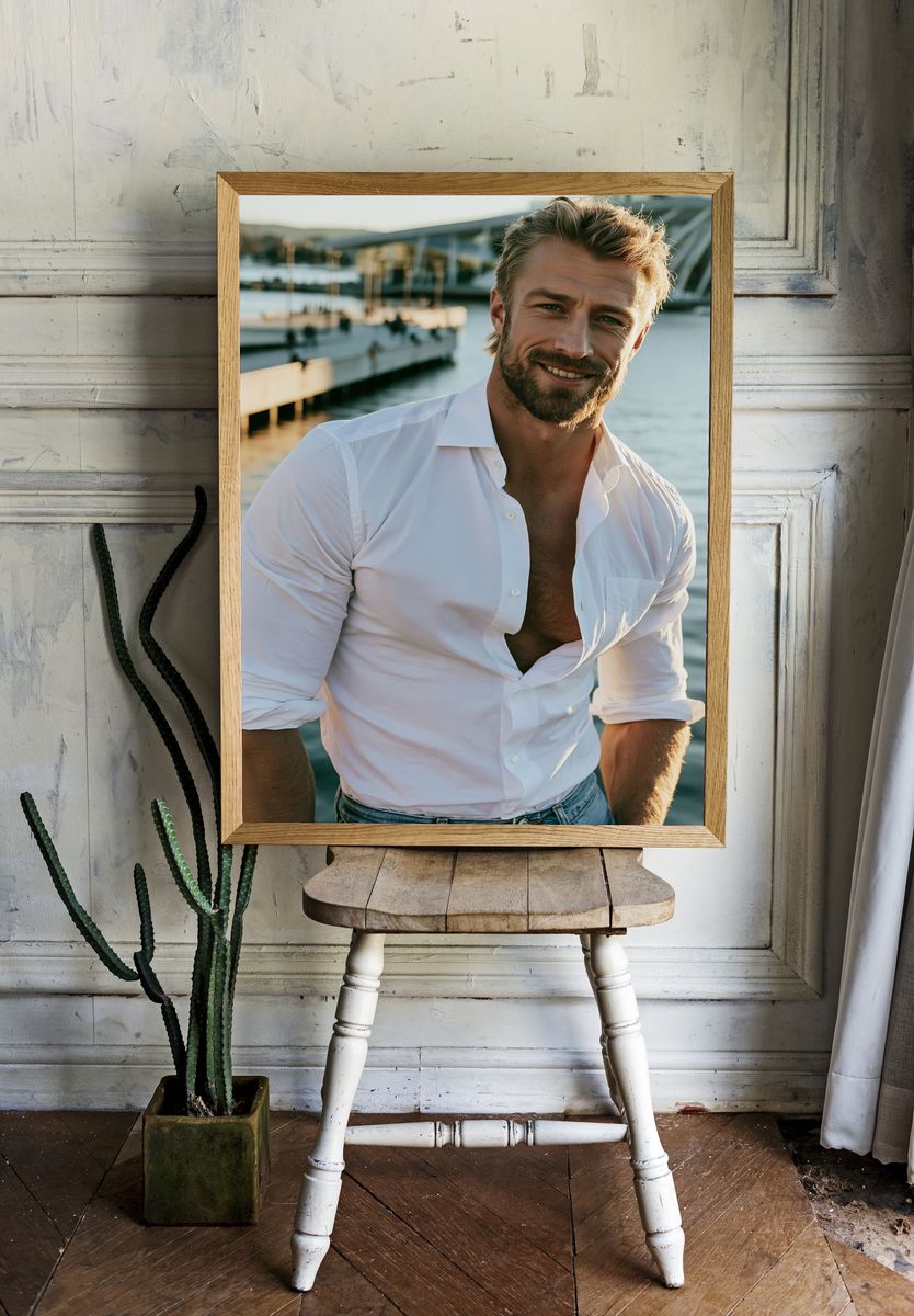 Smiling Man by the Waterfront Photography Poster. room preview