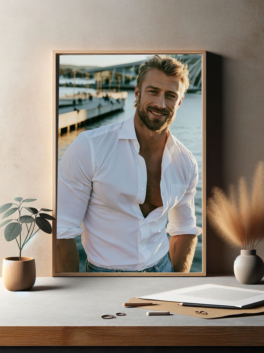 Smiling Man by the Waterfront Photography Poster. — room view 2