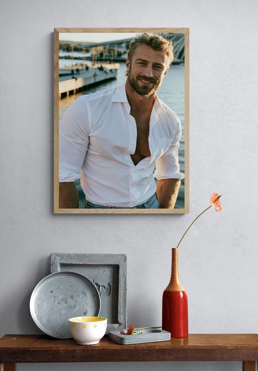 Smiling Man by the Waterfront Photography Poster. — room view 3