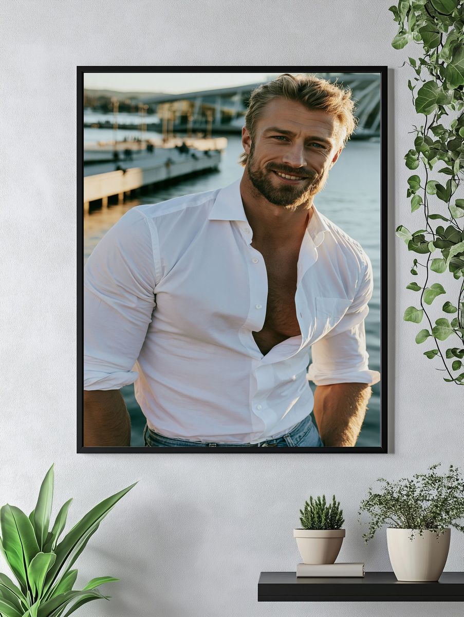 Smiling Man by the Waterfront Photography Poster. — room view 4
