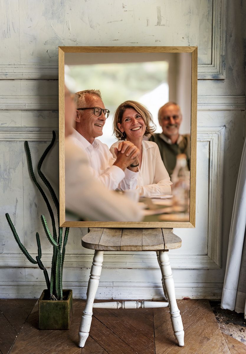 Smiling Friends at Dinner Photography Poster. — room view 1