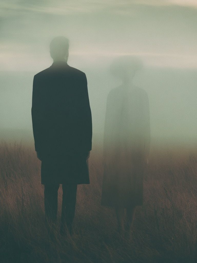 Misty Figures in Field Photography Poster. poster detail