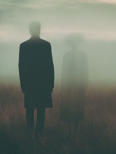 Misty Figures in Field Photography Poster. poster