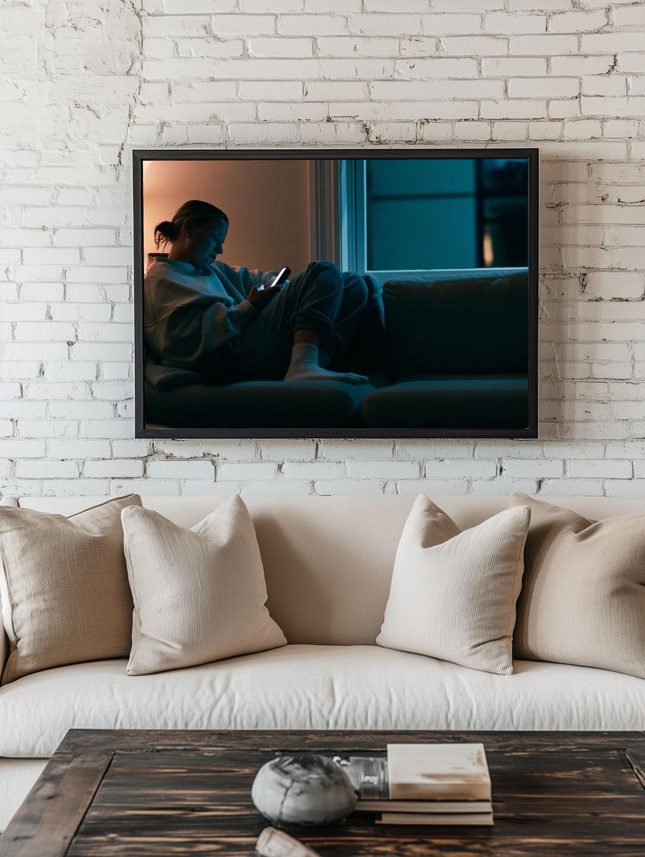 Cozy Evening Phone Glow Photography Poster. — room view 1