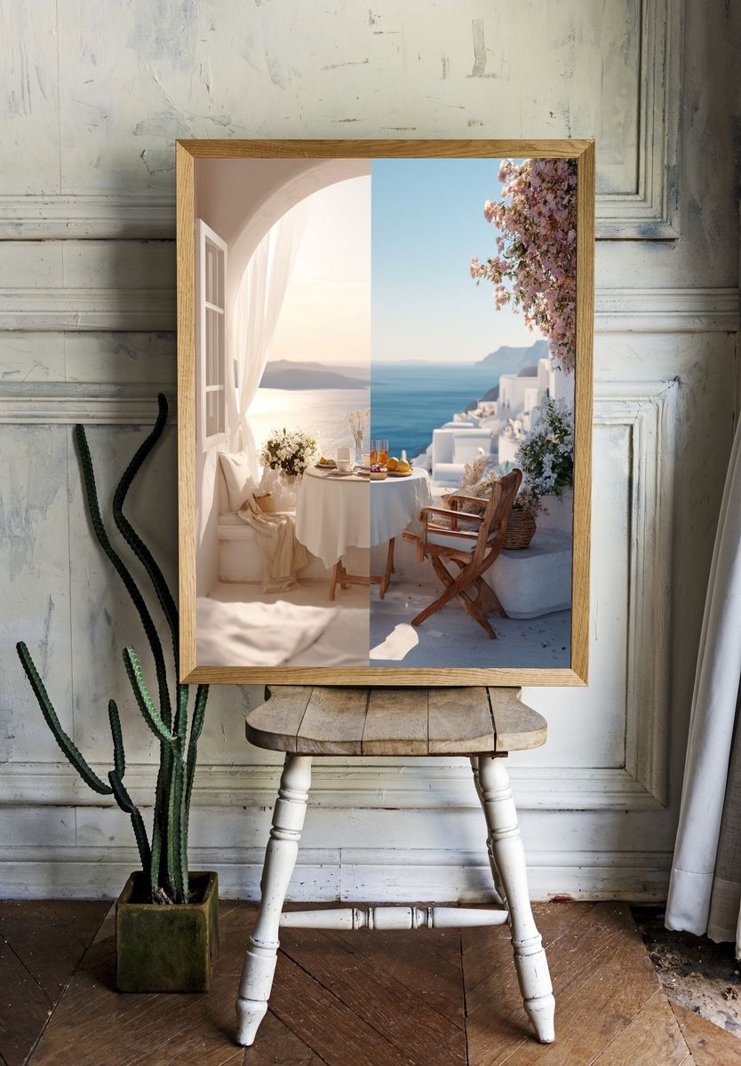 Santorini Seaside Terrace Photography Poster. room preview