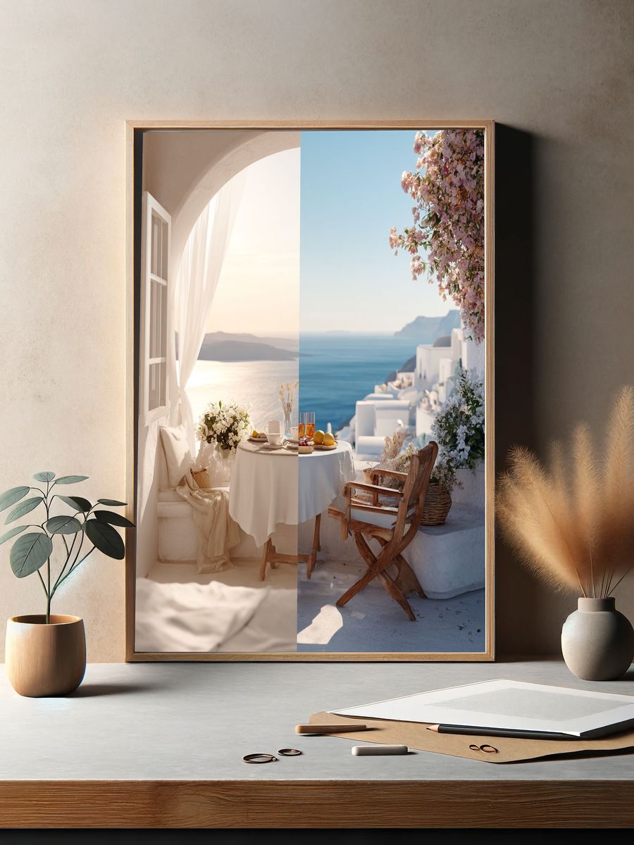 Santorini Seaside Terrace Photography Poster. — room view 2