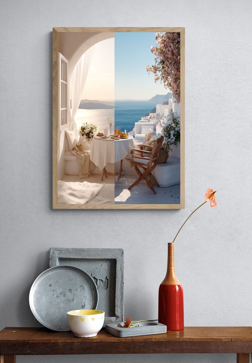 Santorini Seaside Terrace Photography Poster. — room view 3