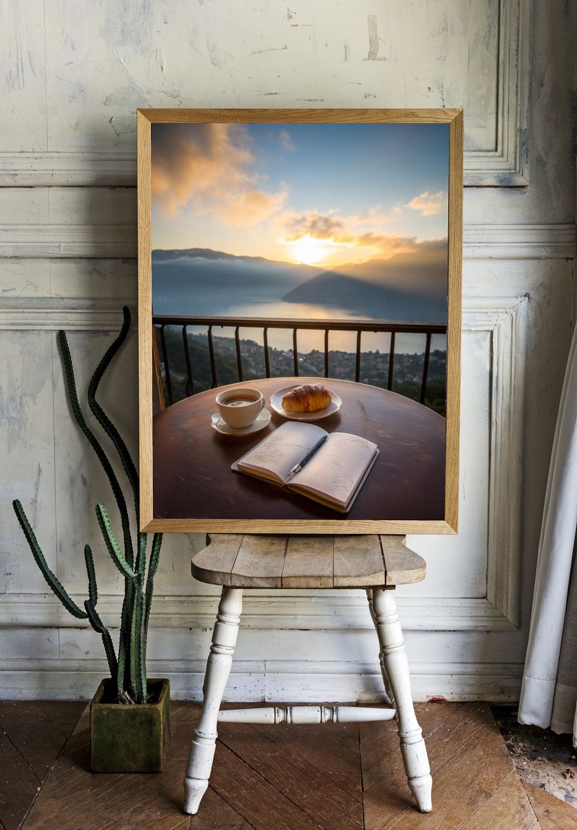 Sunrise Balcony Coffee Photography Poster. — room view 1