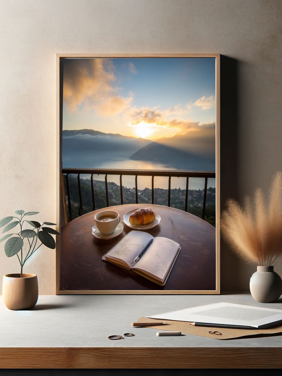 Sunrise Balcony Coffee Photography Poster. — room view 2