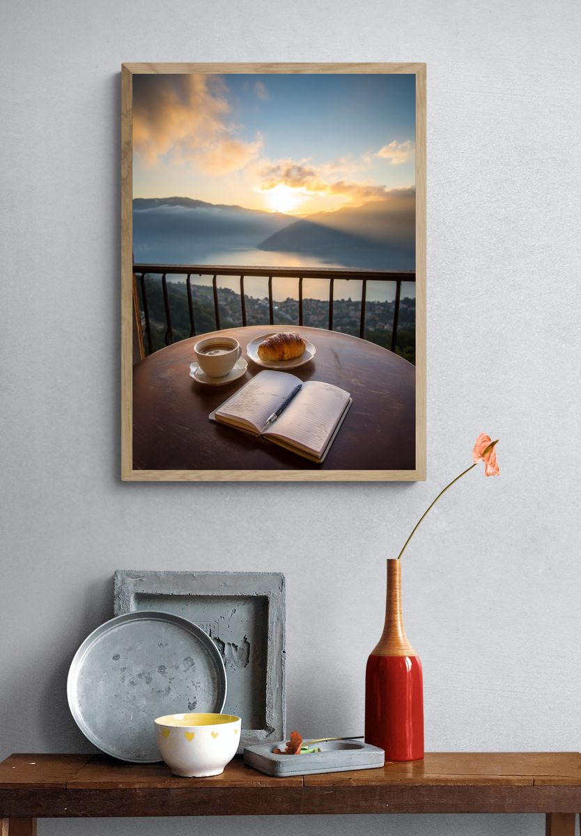 Sunrise Balcony Coffee Photography Poster. — room view 3
