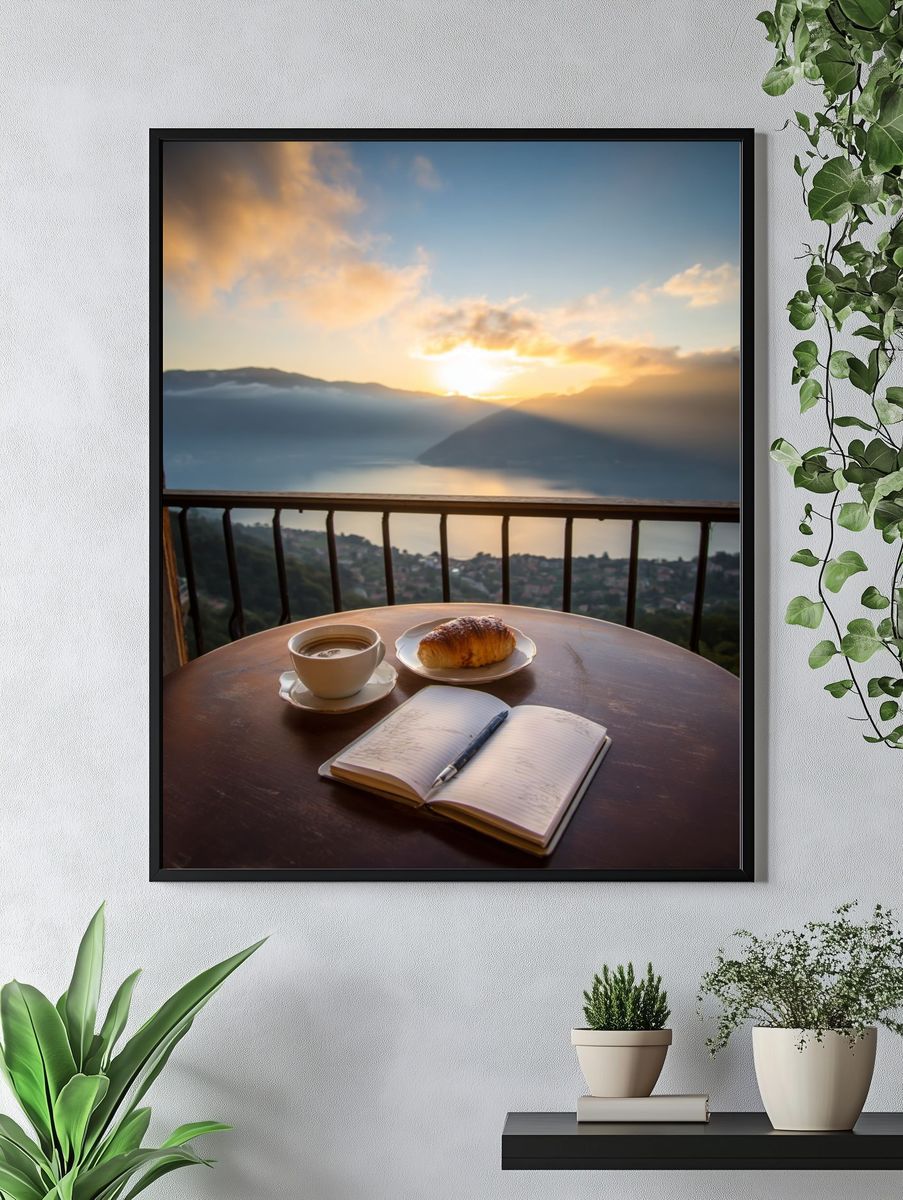 Sunrise Balcony Coffee Photography Poster. — room view 4
