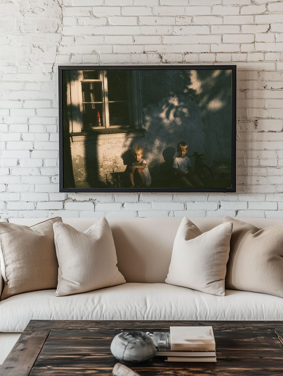 Children in Sunlit Courtyard Photography Poster. room preview