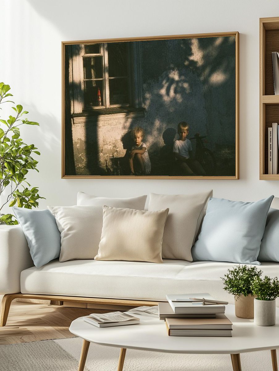 Children in Sunlit Courtyard Photography Poster. — room view 2