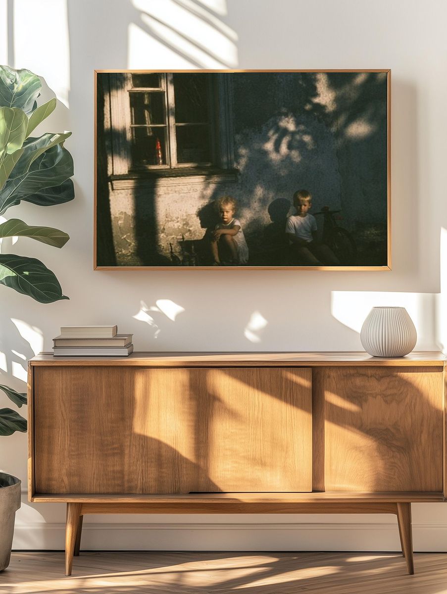 Children in Sunlit Courtyard Photography Poster. — room view 3