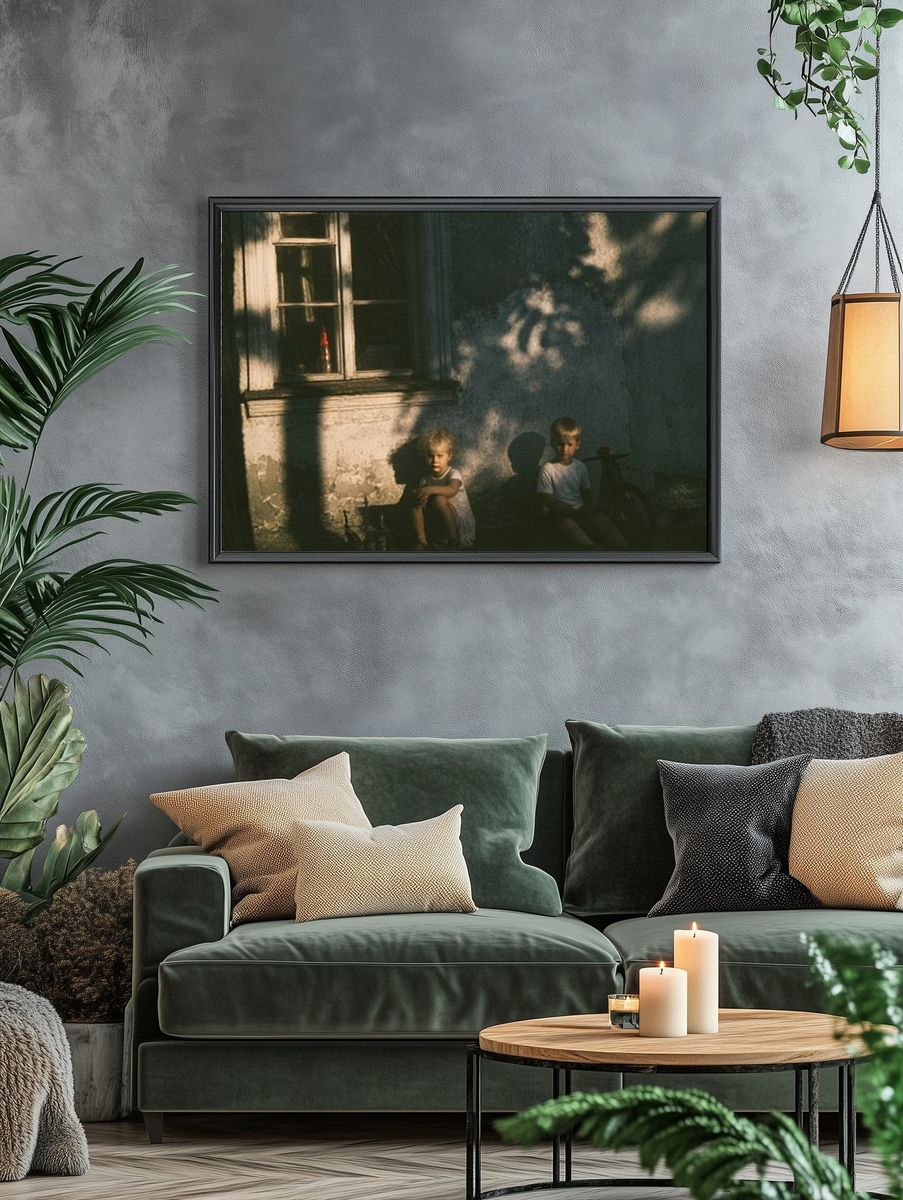 Children in Sunlit Courtyard Photography Poster. — room view 4