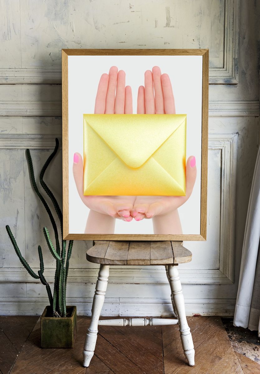 Golden Envelope Hands Photography Print. room preview