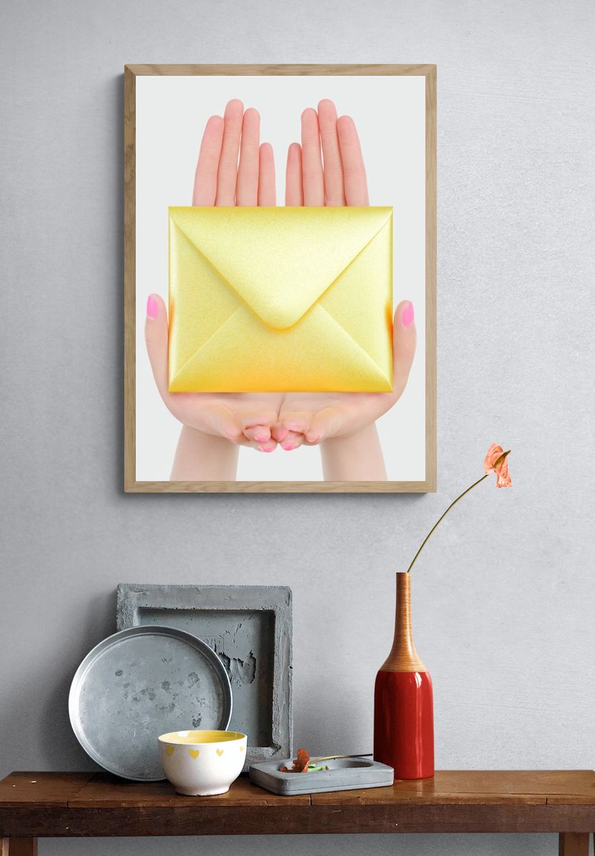 Golden Envelope Hands Photography Print. — room view 3