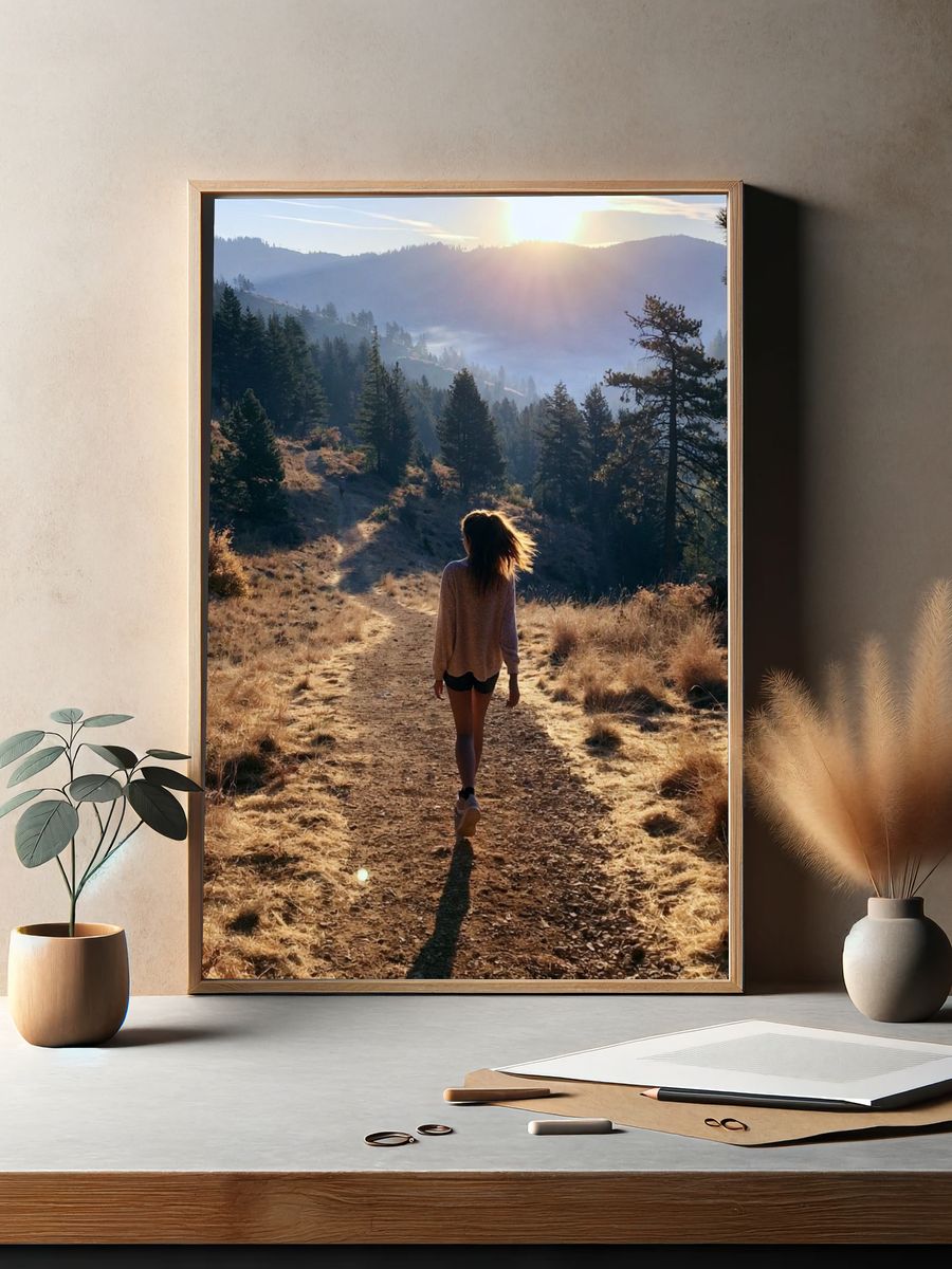 Sunlit Mountain Hike Photography Poster. — room view 2