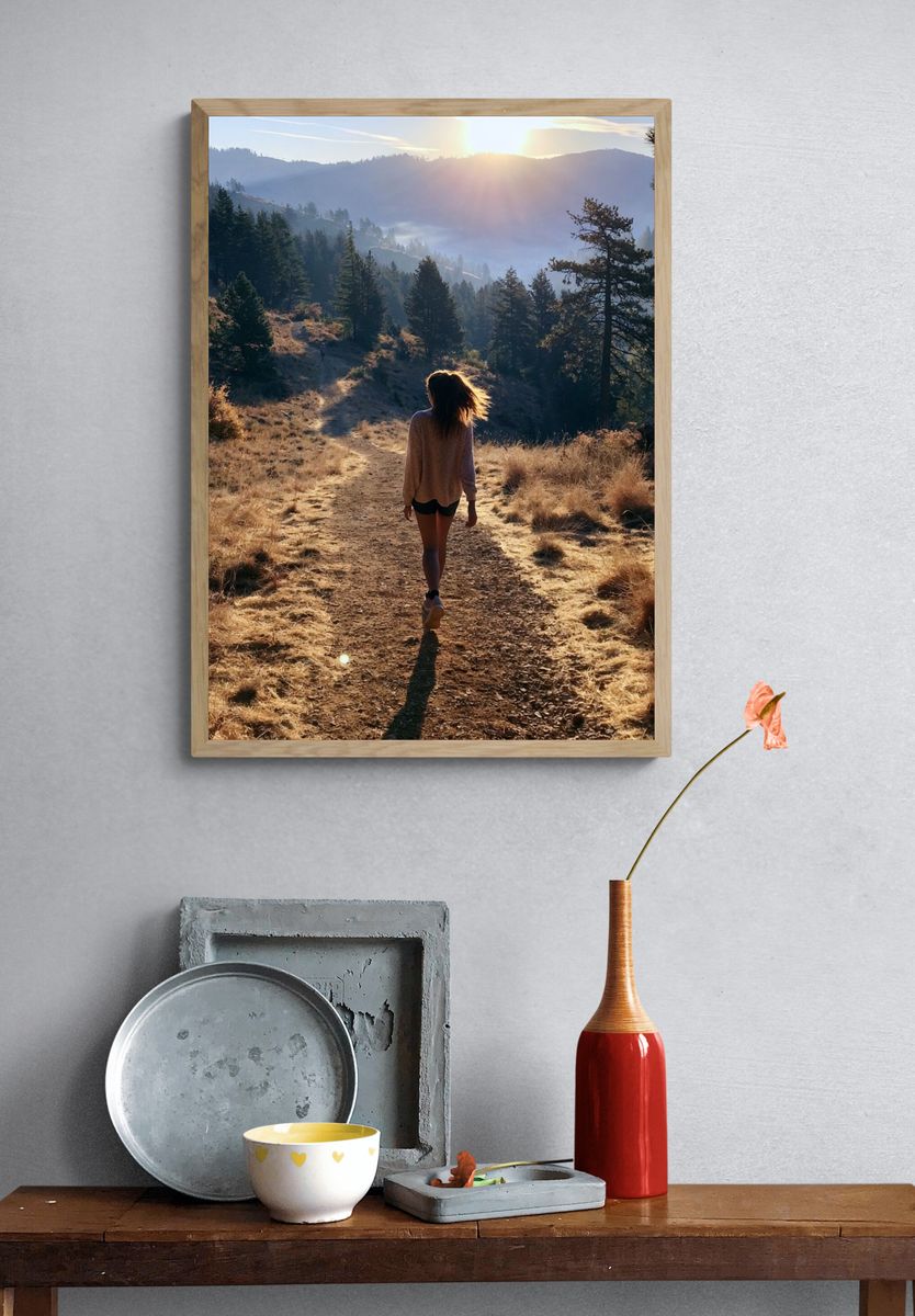 Sunlit Mountain Hike Photography Poster. — room view 3