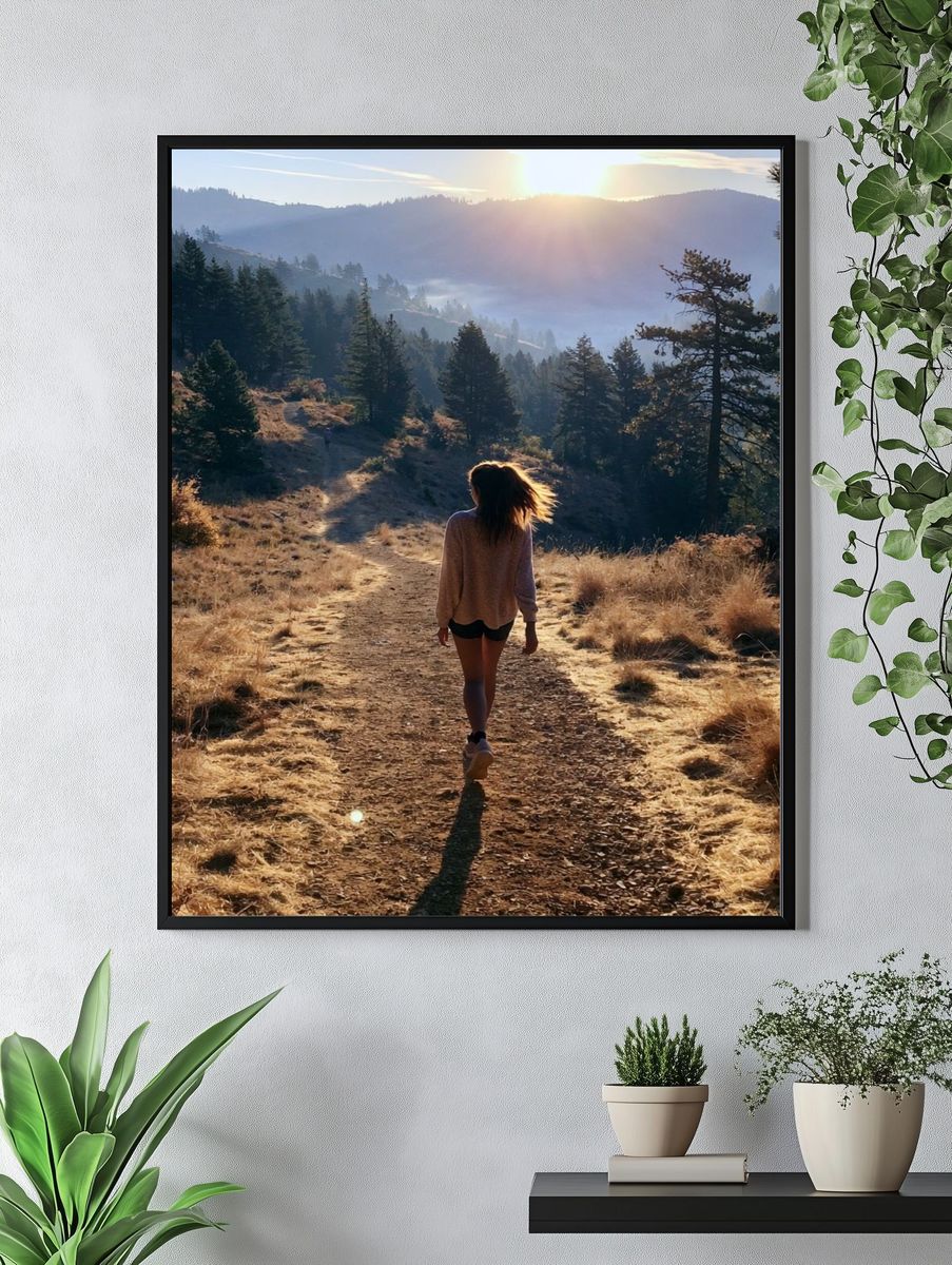 Sunlit Mountain Hike Photography Poster. — room view 4