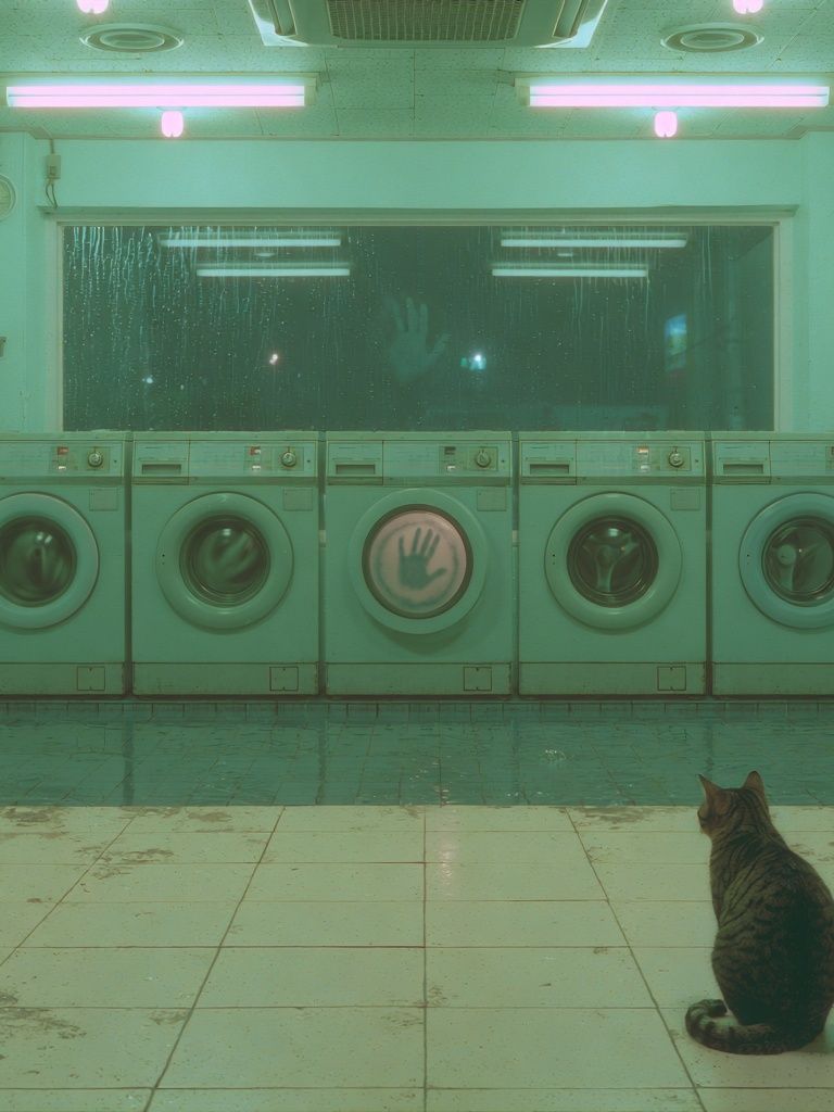 Neon Laundromat Cat Photography Print. poster — photography art