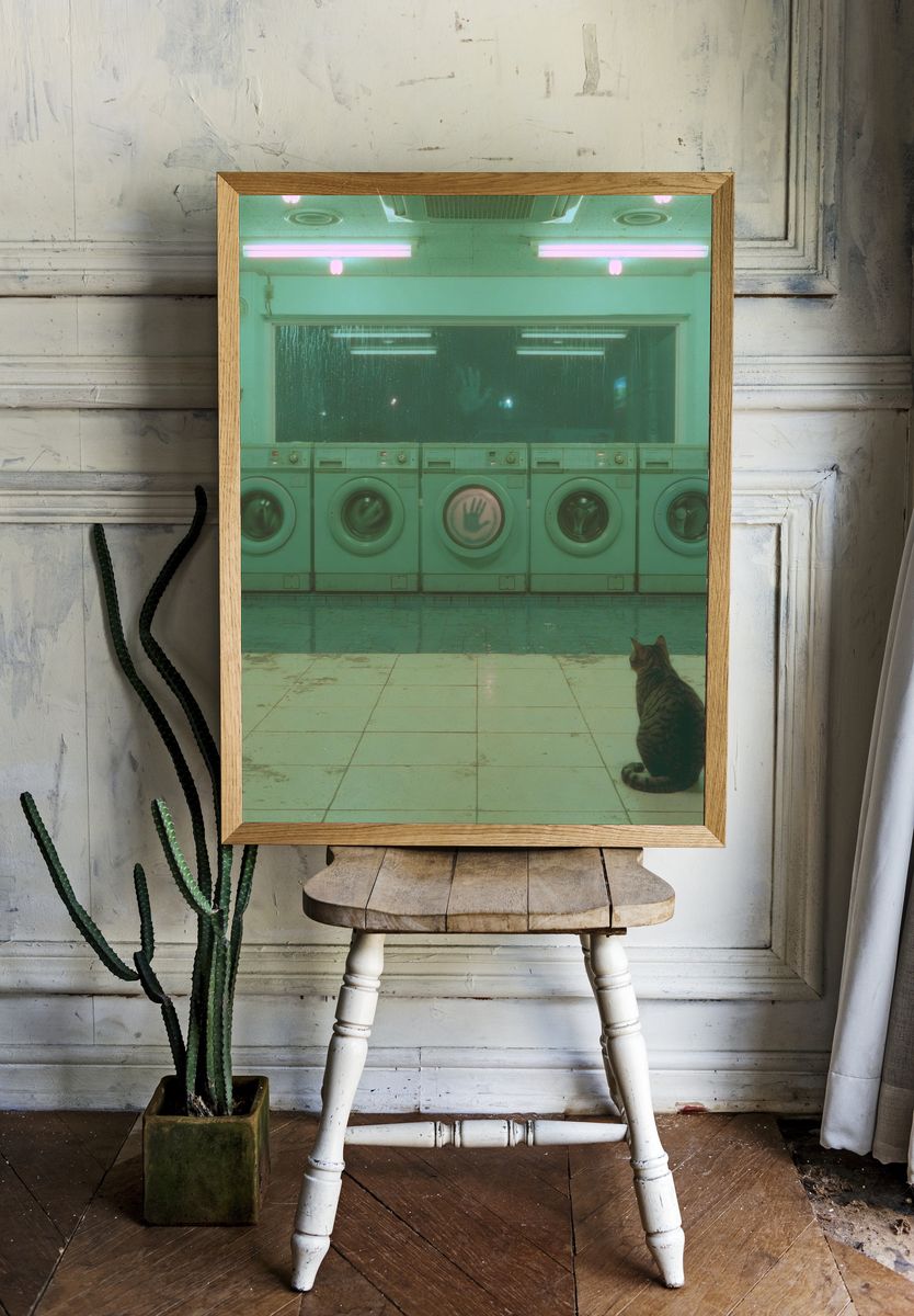 Neon Laundromat Cat Photography Print. room preview