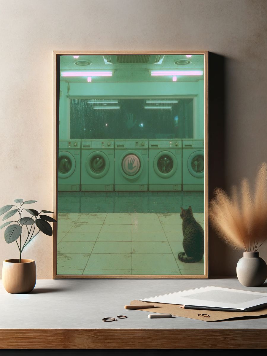 Neon Laundromat Cat Photography Print. — room view 2