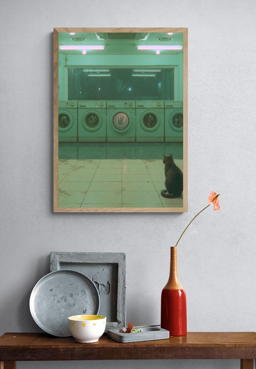 Neon Laundromat Cat Photography Print. — room view 3