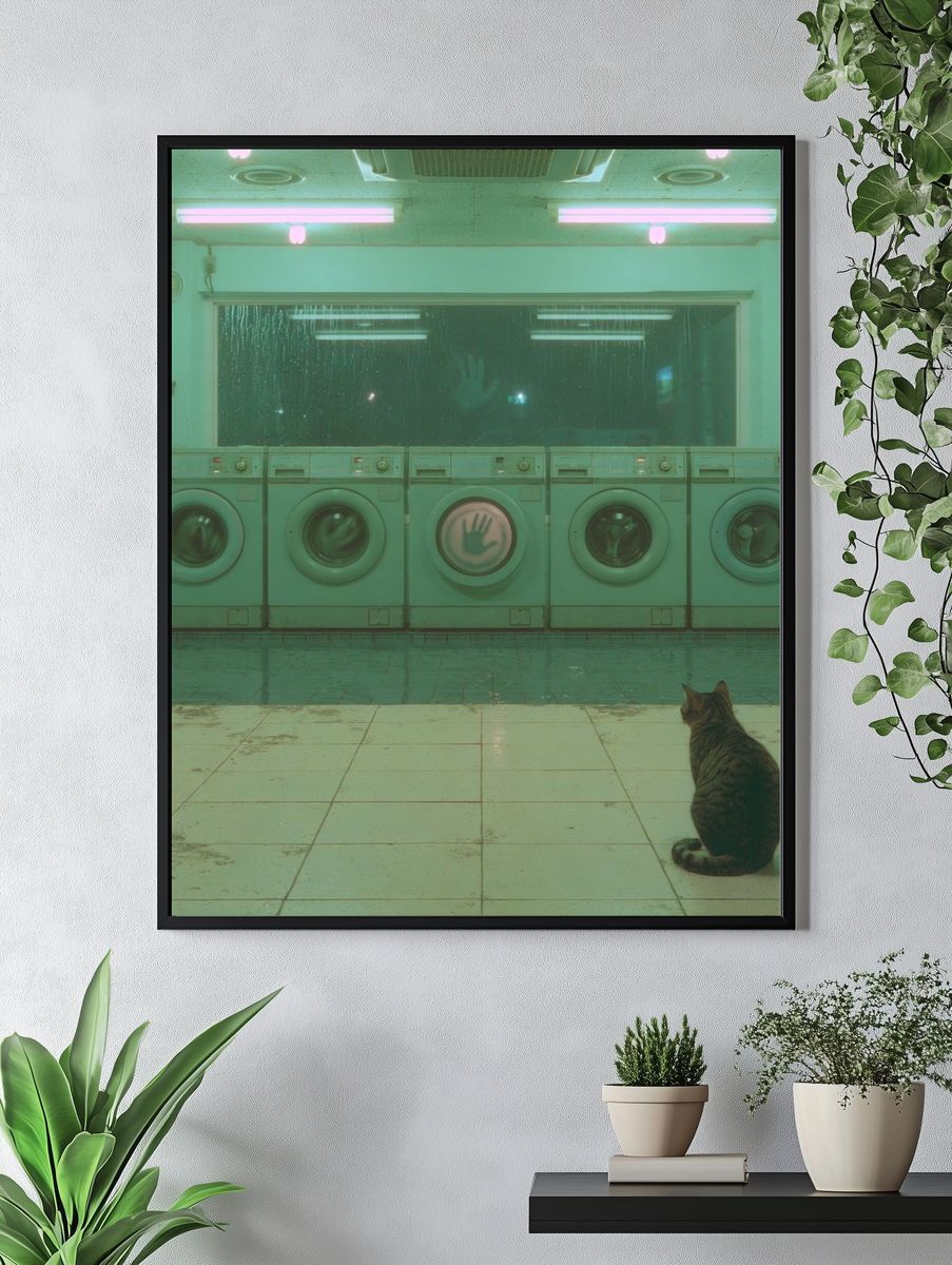 Neon Laundromat Cat Photography Print. — room view 4
