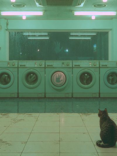 Neon Laundromat Cat Photography Print.