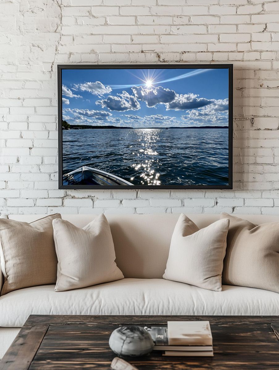 Sunlit Lake Horizon Photography Poster. — room view 1