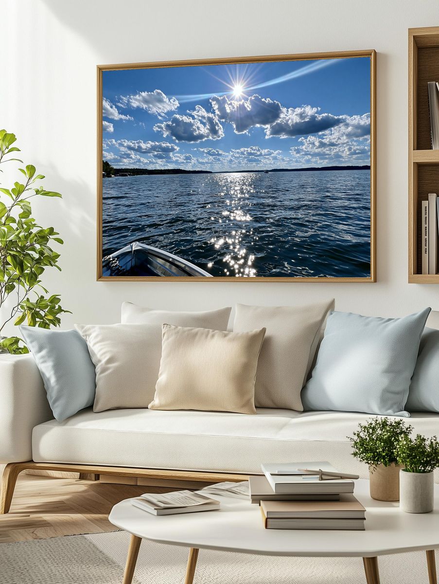 Sunlit Lake Horizon Photography Poster. — room view 2