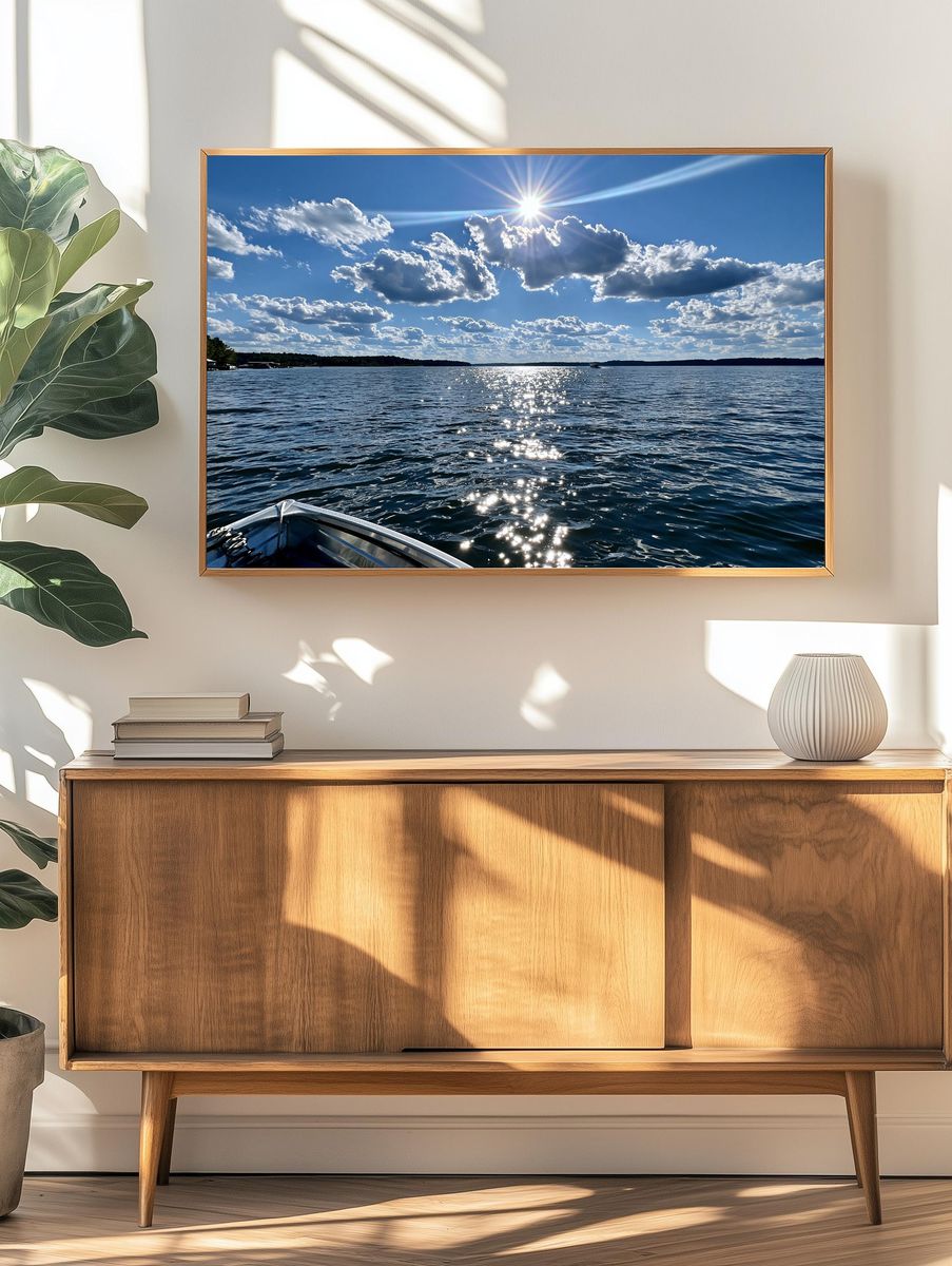 Sunlit Lake Horizon Photography Poster. — room view 3