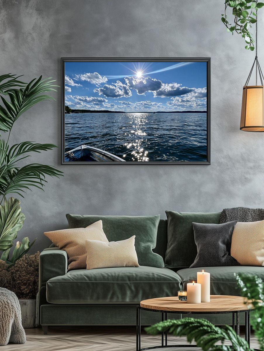 Sunlit Lake Horizon Photography Poster. — room view 4