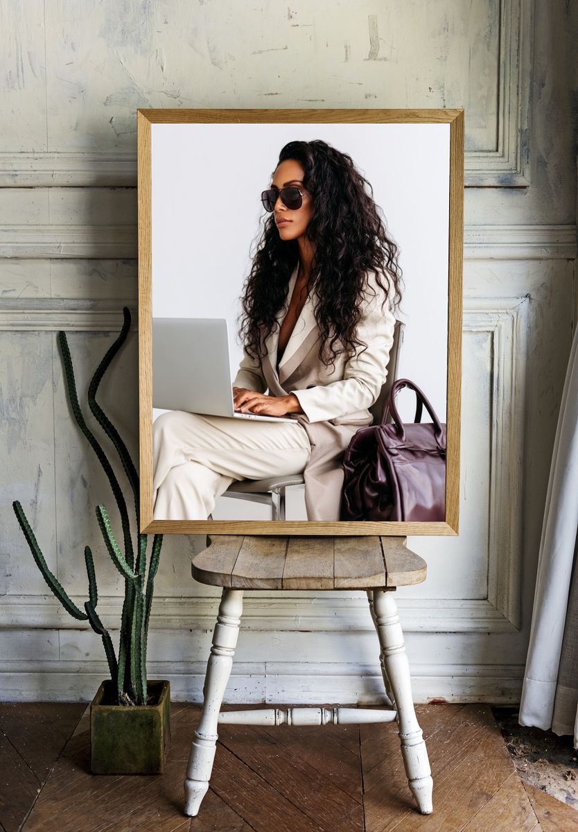 Elegant Woman with Laptop Photography Poster. — room view 1
