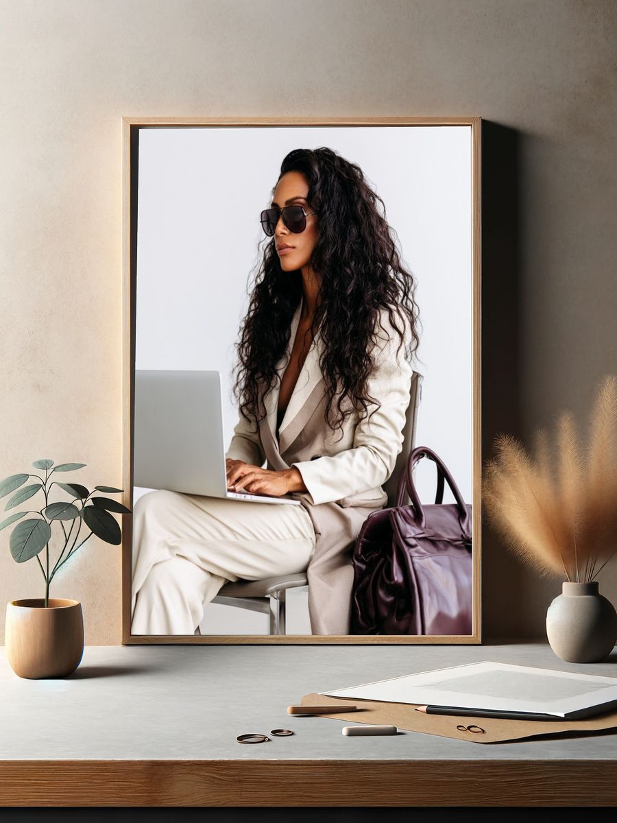Elegant Woman with Laptop Photography Poster. — room view 2