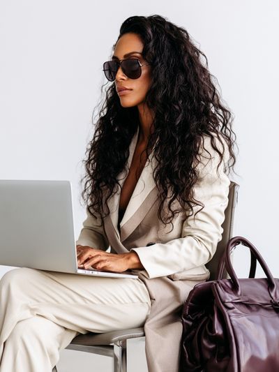 Elegant Woman with Laptop Photography Poster. poster