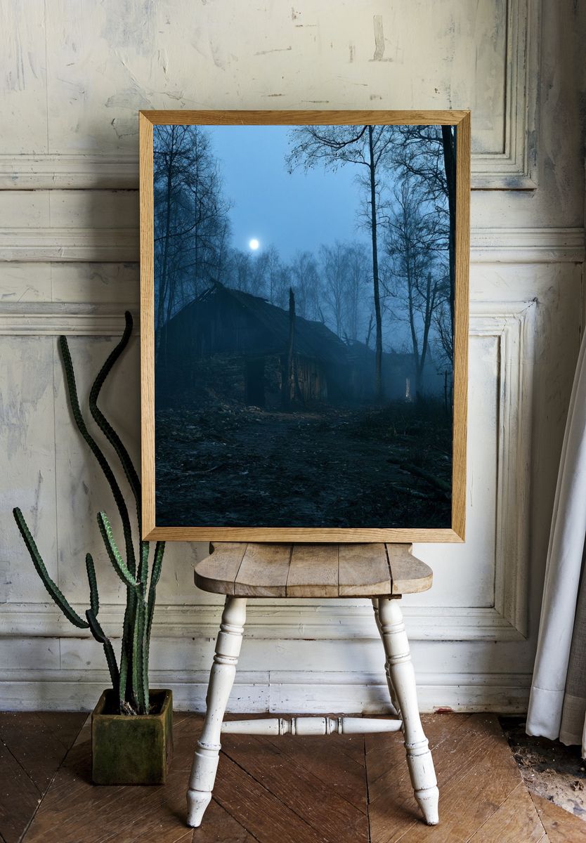Moonlit Forest Cabin Photography Poster. — room view 1