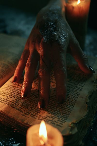 Candlelit Hand on Open Book Poster. poster