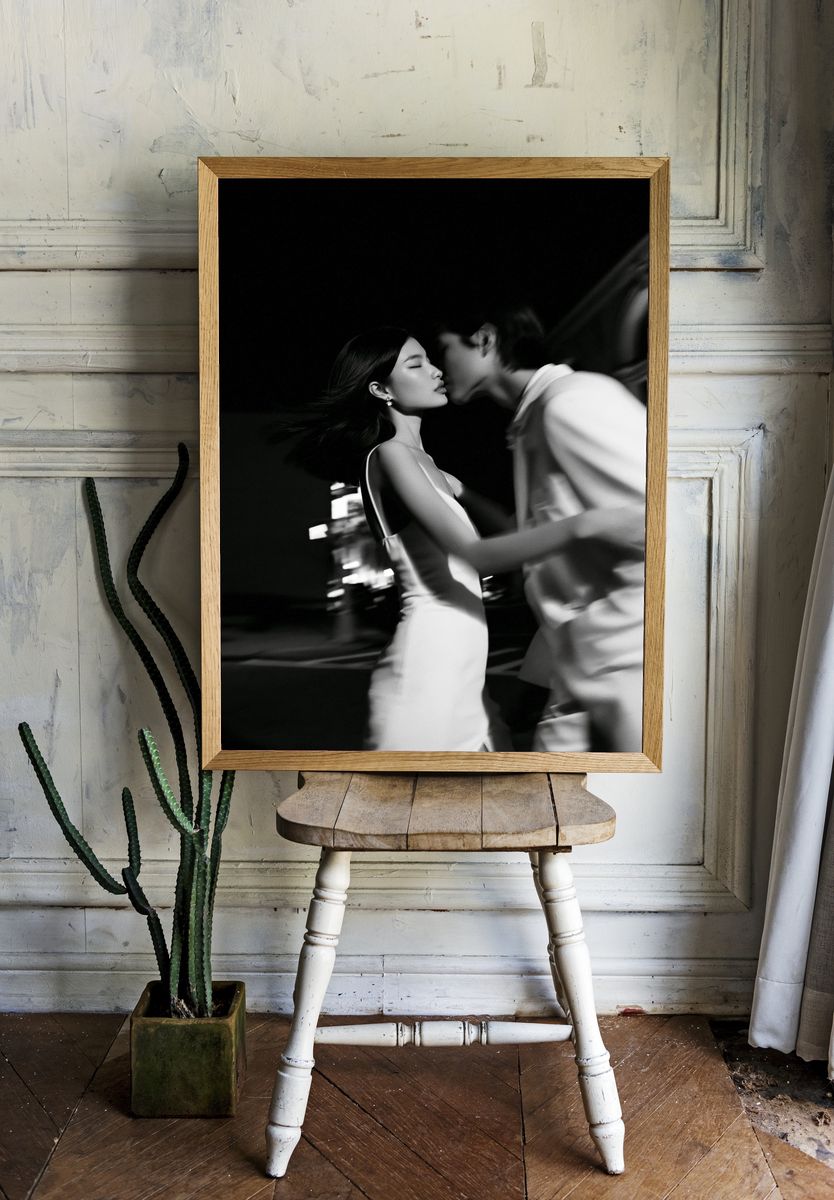 Romantic Kiss Black-White Poster. room preview