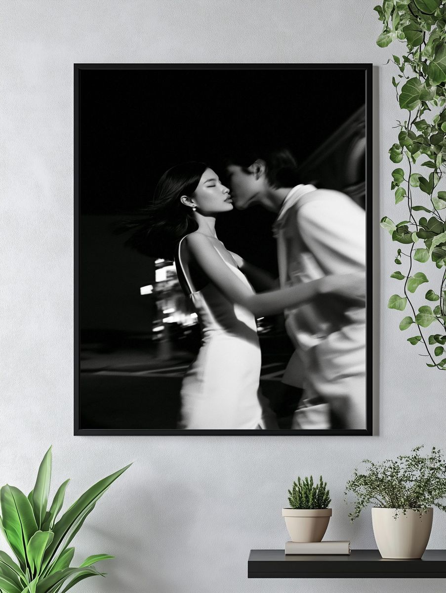 Romantic Kiss Black-White Poster. — room view 4
